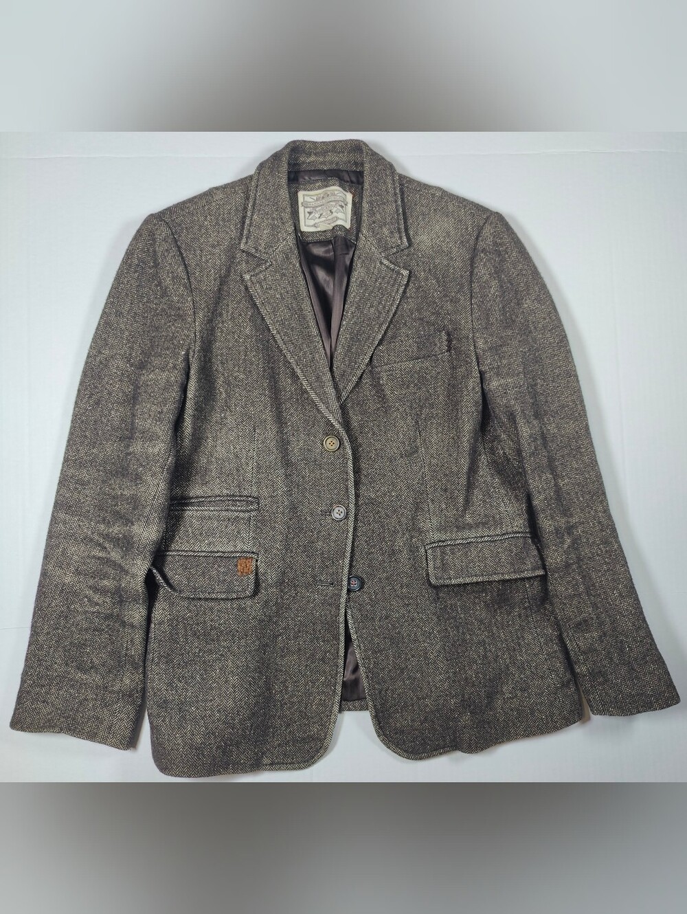 VTG Banana Republic Travel & Safari Brown Herringbone Linen Wool Blazer Size 14